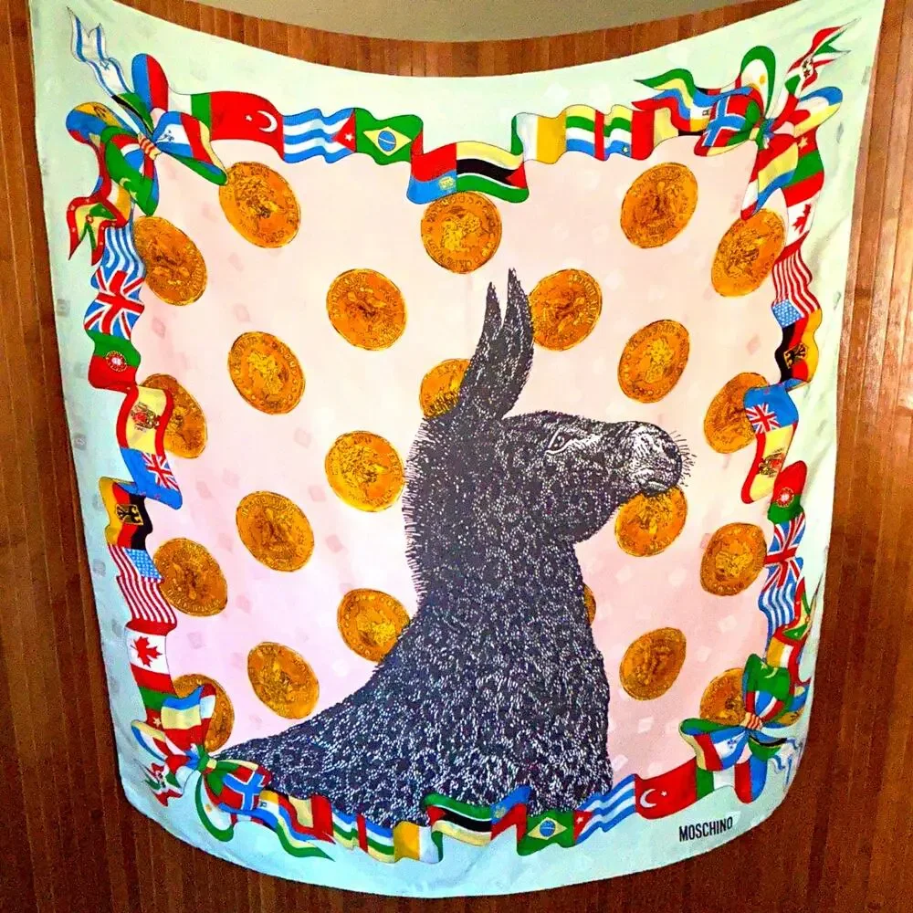 Vintage 80s 90s Moschino Silk Scarf Donkey Gold Coins Lario Seta Como